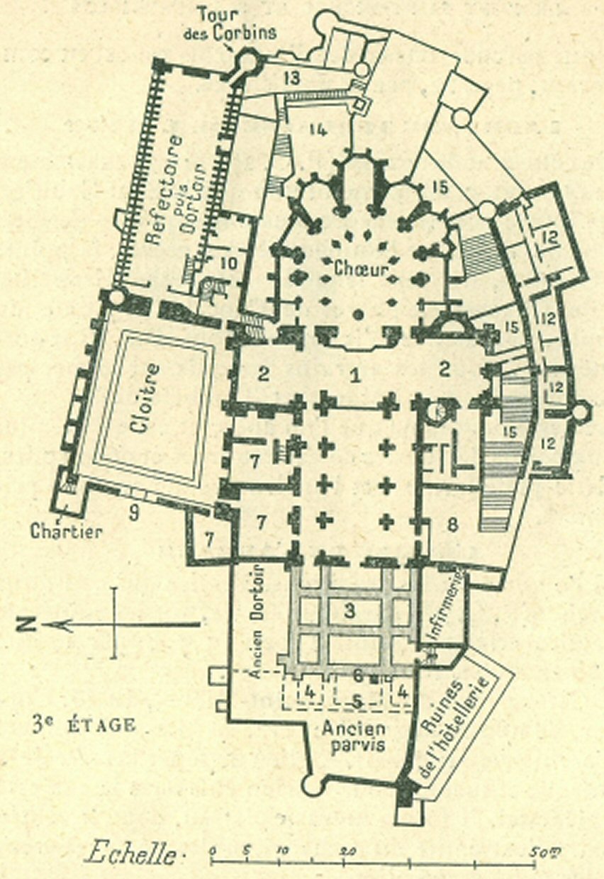 Plan de l'abbaye au niveau de l'glise haute et du cloitre